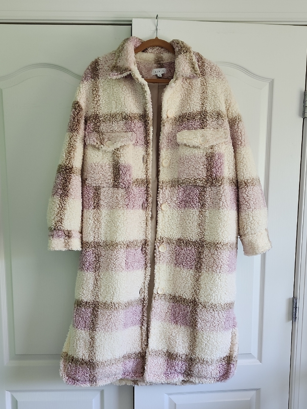 MARBLE Cream Teddy Coat with Light Pink & Tan Plaid size Medium NWOT Faux Sherpa